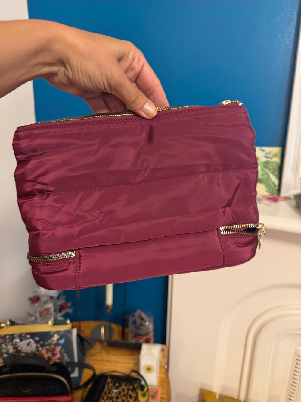 Laura Geller Quilted Cosmetic Pouch in Burgundy with Gold Accents - Picture 3 of 5